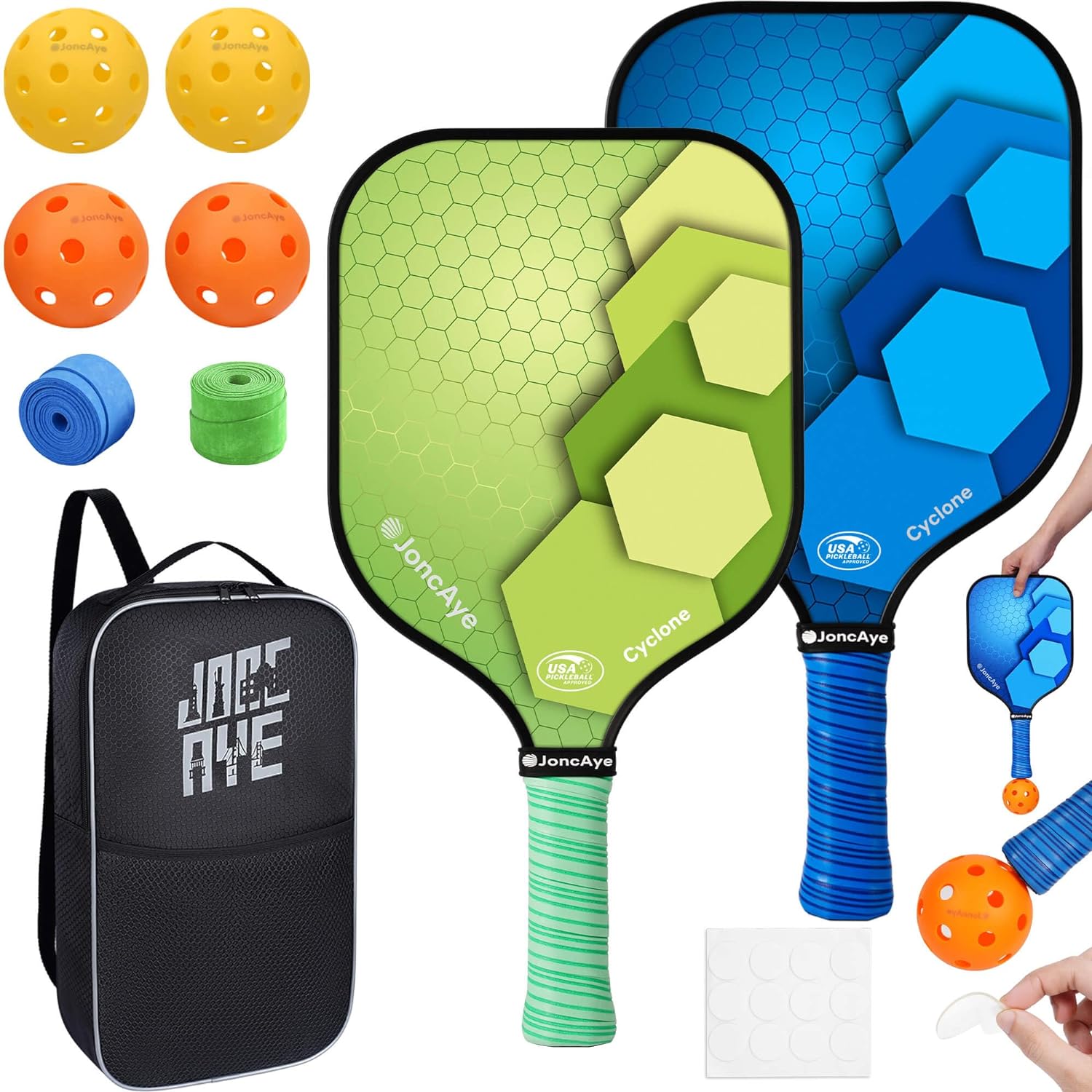 JoncAye Pickleball-Paddles-Set of 4 or 2 Rackets with Balls and Bag | USAPA Approved Pickle-Ball Equipment with Accessories | Fiberglass/Graphite Pickleball Racquet Set for Men, Women, Kids, Adults