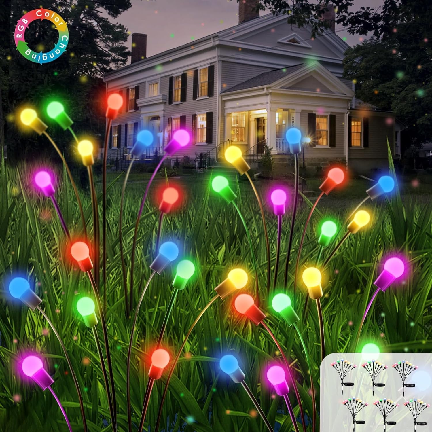 OZS RGB Color Changing 6Pack Total48LED Solar Garden Lights - Solar Lights Outdoor, Solar Firefly Lights, Sway by Wind, Fairy Lights Waterproof for Garden Patio Pathway Decoration(Multicolor)