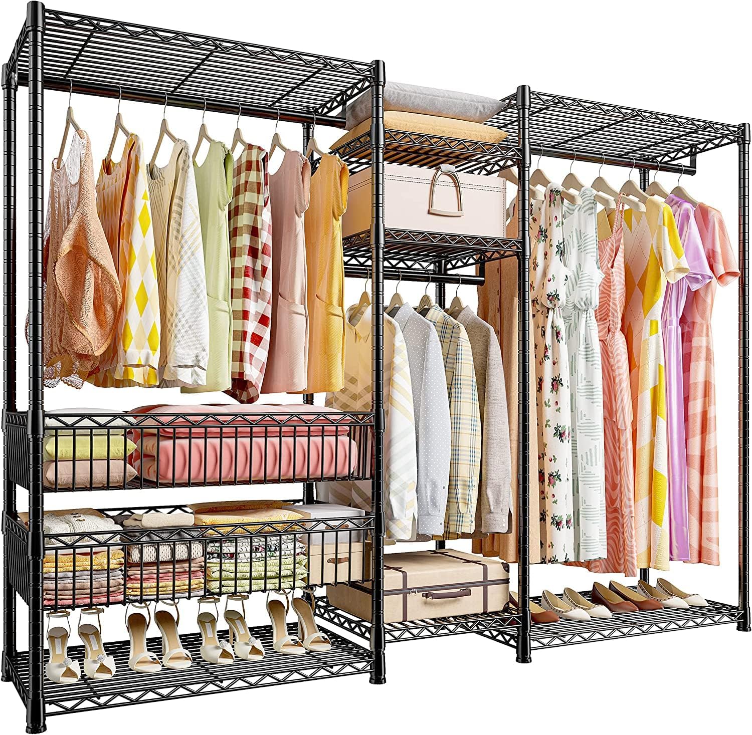 Raybee 77 H Clothes Rack Heavy Duty Loads 900LBS Metal Clothing Racks for Hanging Clothes Adjustable Clothing Rack with 2 Big Baskets Free Standing Closet Heavy Duty Garment Rack 74.8W x 77H x 18D