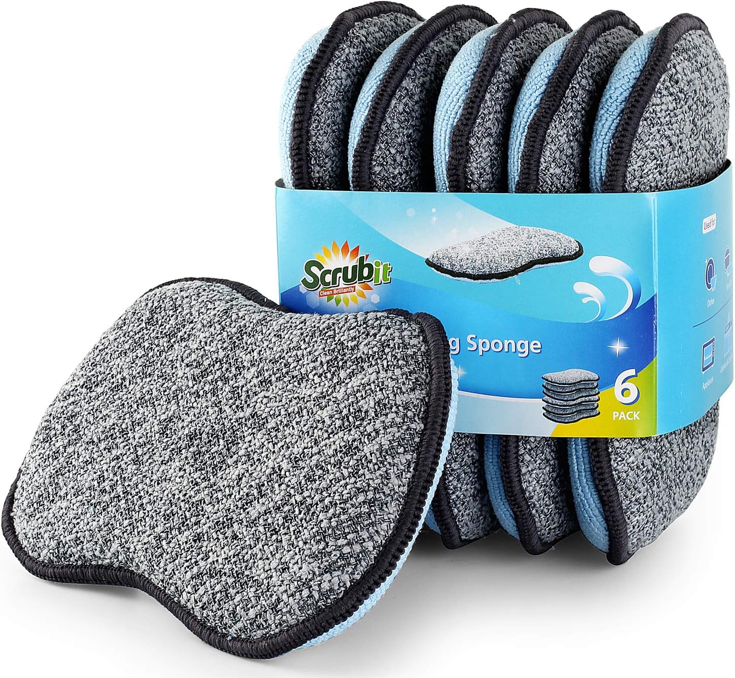 Multi-Purpose Scrub Sponges for Kitchen by Scrub- it - Non-Scratch Microfiber sponge along with Heavy Duty Scouring power - Effortless Cleaning of Dishes, Pots and Pans All at Once(6 Pack, Large)