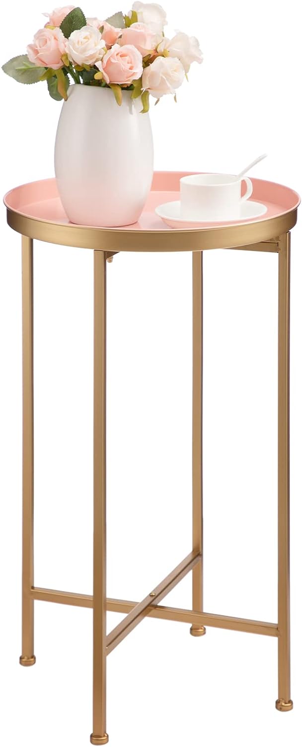 HollyHOME Small Round Metal End Table, Accent Indoor&Outdoor Coffee Side Table, Snack Sofa Table for Living Room, Anti-Rust Decorative Plant Stand, (D) 14.5 x(H) 25, Gold&Pink