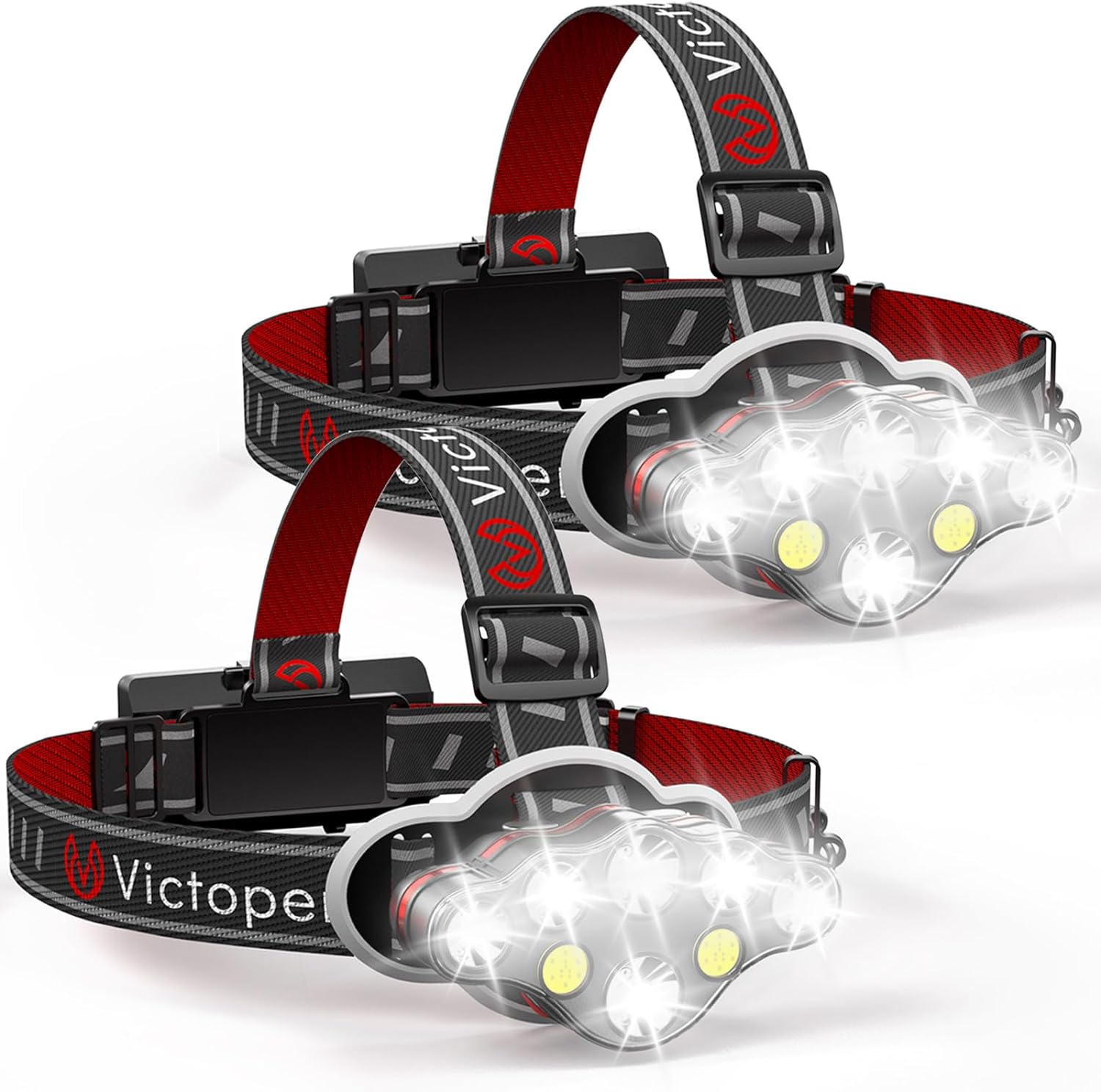 Victoper Rechargeable Headlamp 2 Pack, 8 LED 18000 High Lumen Bright Head Lamp with Red Light, Lightweight USB Head Light, 8 Mode Waterproof Head Flashlight for Outdoor Running Hunting Hiking Camping