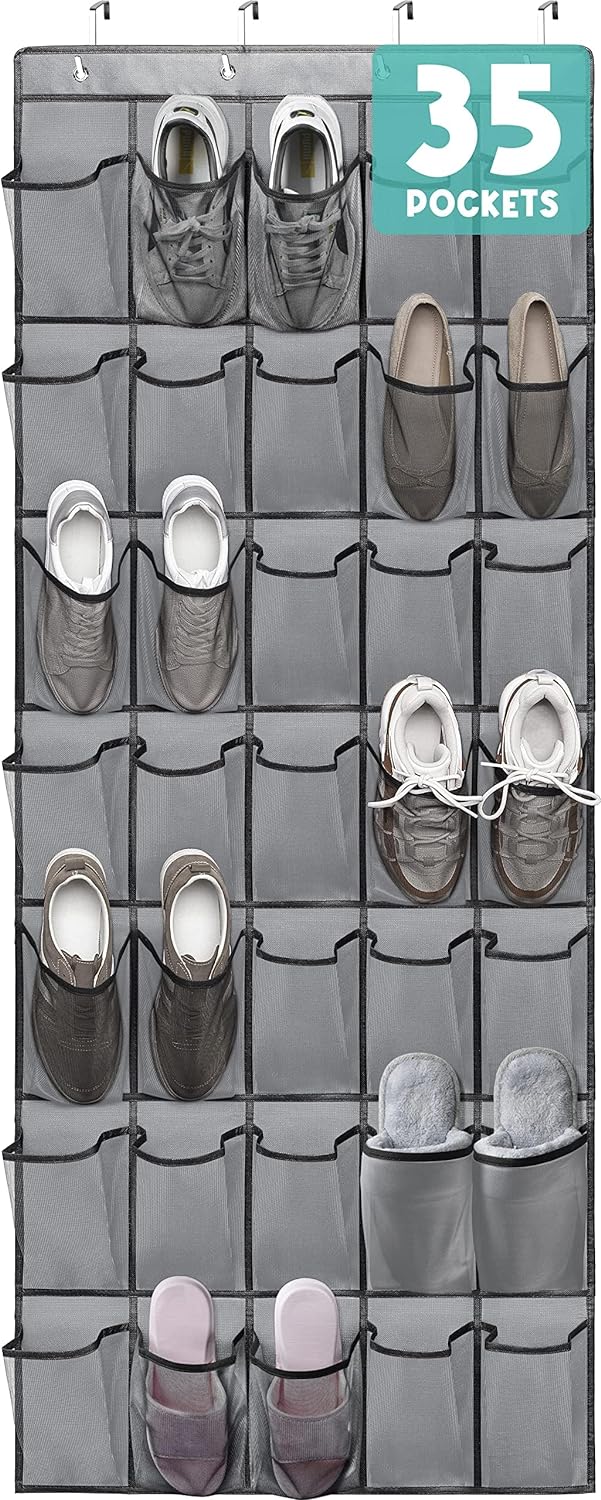 Over the Door Shoe Organizers 35 Mesh Pockets Hanging Shoe Organizer Shoe Rack for Closet Entryway Bedroom Bathroom Pantry Shoe Holder for Men Sneakers, Women High Heeled Shoes, flip flops Gray