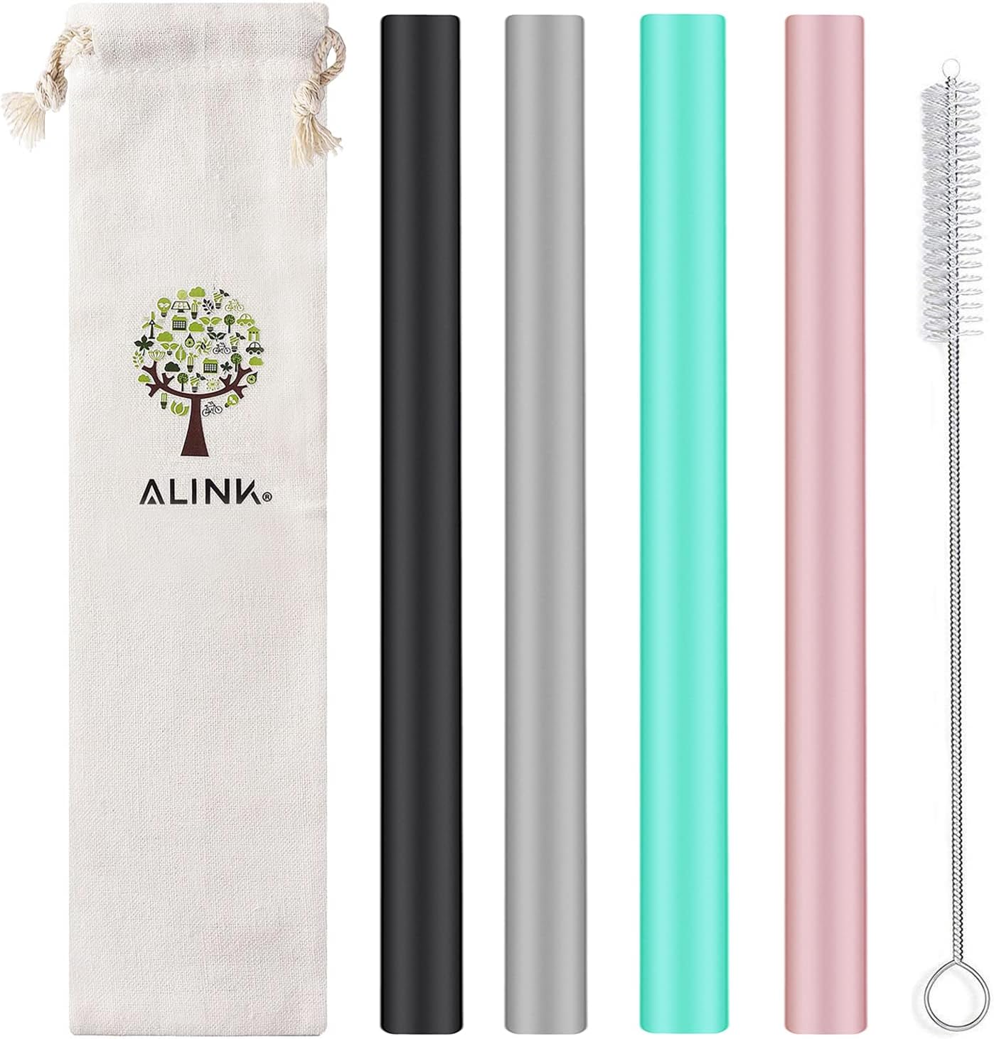 ALINK Reusable Silicone Boba Straws, Extra Large Bubble Tea Smoothie Straws for Popping Tapioca Pearl, Pack of 4 with Cleaning Brush and Case - 10 in x 14 mm - Black, Gray, Green, Pink