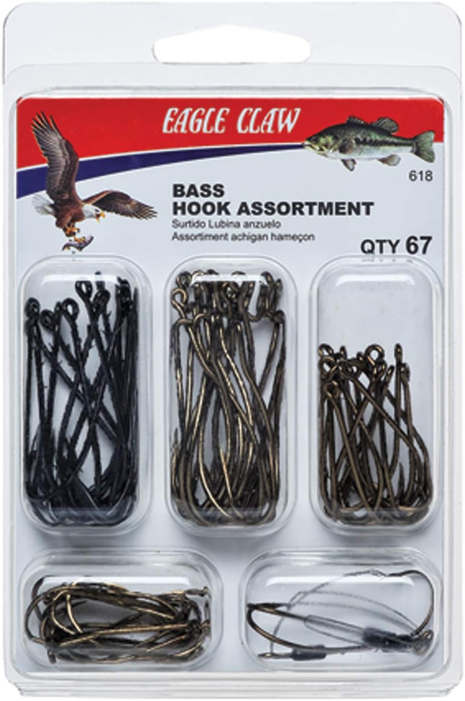 Eagle Claw BASS Hook Assortment, Fishing Hooks for Freshwater BASS, 67 Hooks, Sizes 1 to 3/0, Brown