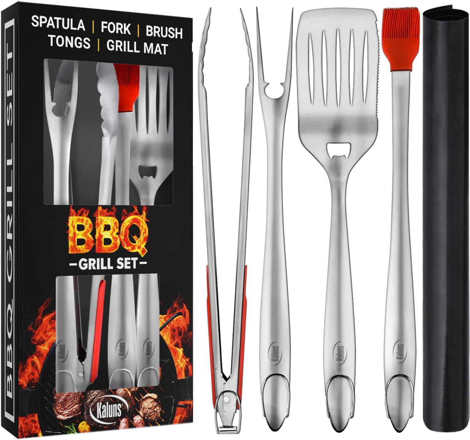 Kaluns BBQ Grilling Accessories, Grilling Gifts for Men Dad, Grill Tools for Outdoor Grill, Heavy Duty Stainless Steel Grill Set with Spatula, Tongs, Fork, Brush, & Grilling Mat, Best BBQ Gifts