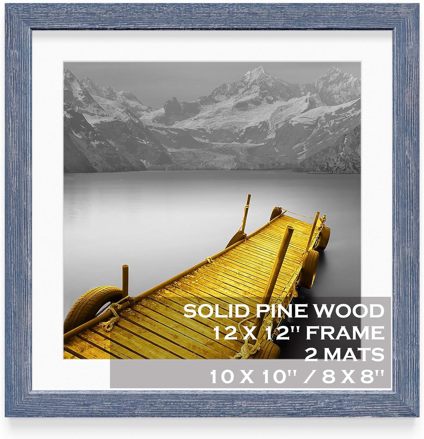 12x12 Picture Frames Wood Distressed Blue Display Pictures 10x10 or 8x8 with Mat or 12x12 without Mat - 12x12 Inch Square Photo Frames with 2 Mats for Wall or Tabletop Mount, 1 Pack