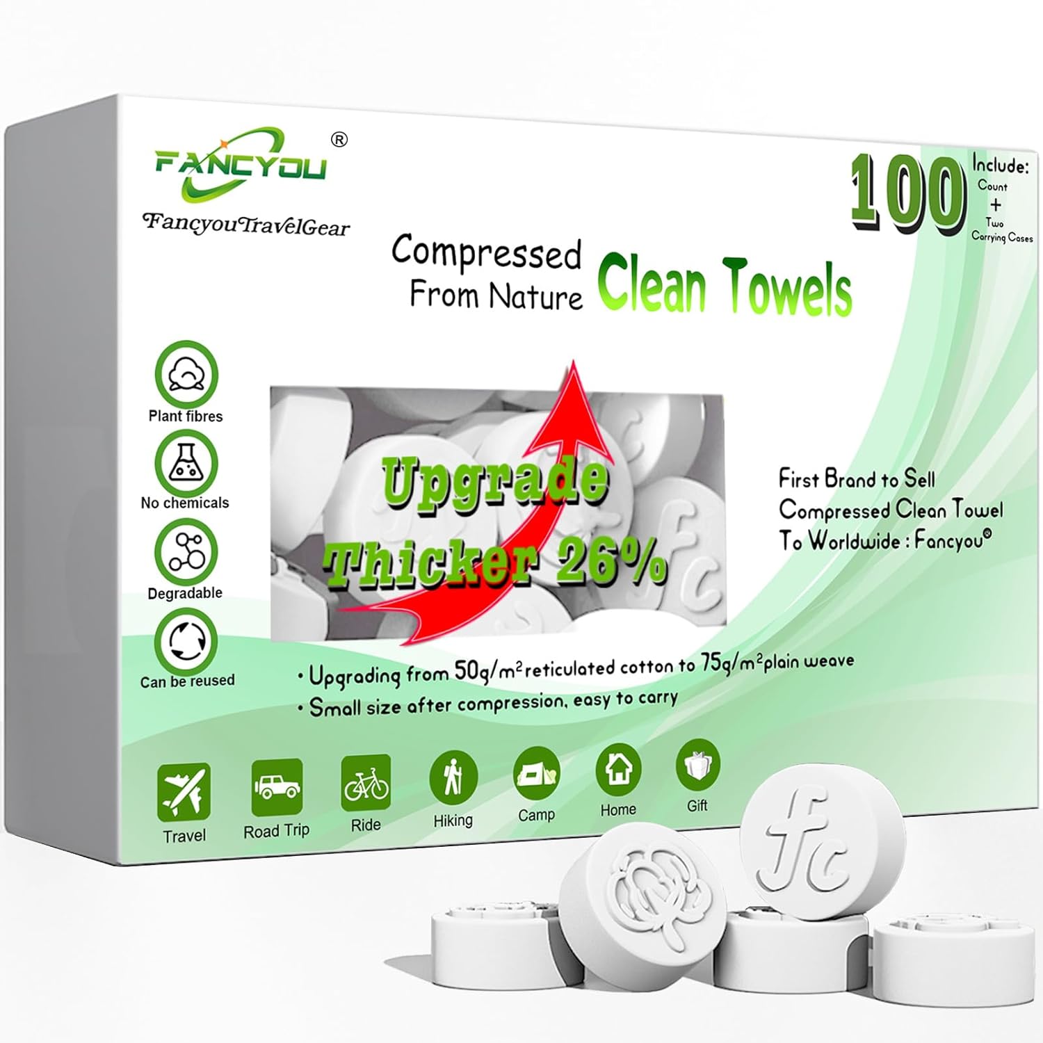 Compressed Towel Tablets,Disposable Face Compressed Towels,Thicken Cotton Facial Tissues,Daily Clean Cloth,Biodegradable Towel,with Travel Wipes Case for Home/Camping/Outdoor(100 Count)