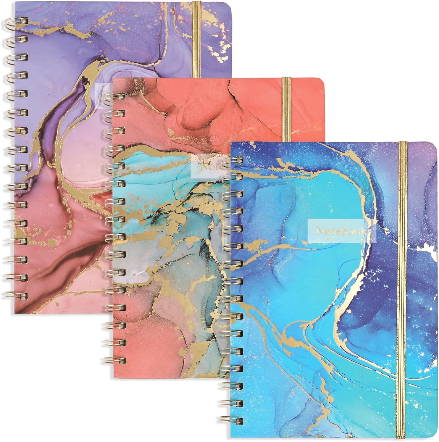 EOOUT 3 Pack Spiral Notebook Journals for Women, 6x 8.5 Hardcover Notebook, 160 Pages, Purple and Blue Pattern, Back Pocket, for Gifts, Office, School Supplies