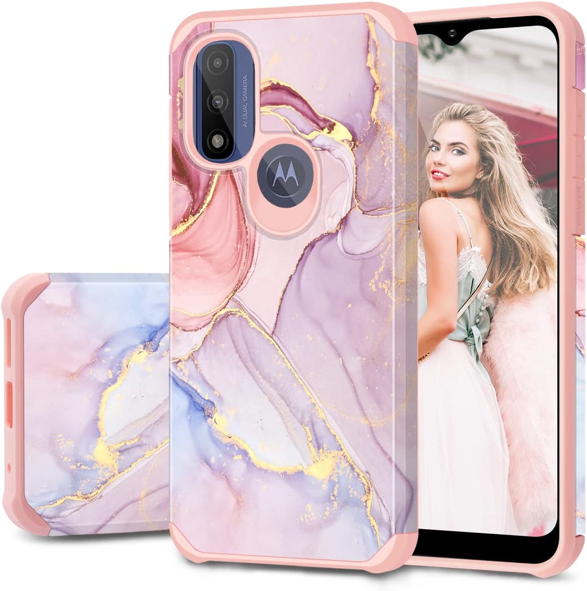 Fingic Case for Moto G Pure, Moto G Power 2022 Case Rose Gold Marble Glitter Bumper Hard PC Soft Silicone Cover Anti-Scratch Shockproof Protective Case for Motorola Moto G Pure 2021