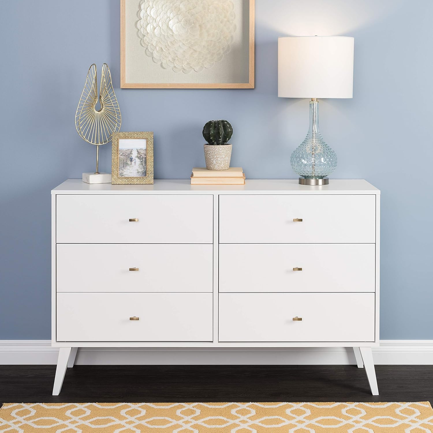 Prepac Milo Mid-Century 6 Drawer Double Dresser For Bedroom, 16 D x 52.50 W x 33 H, White