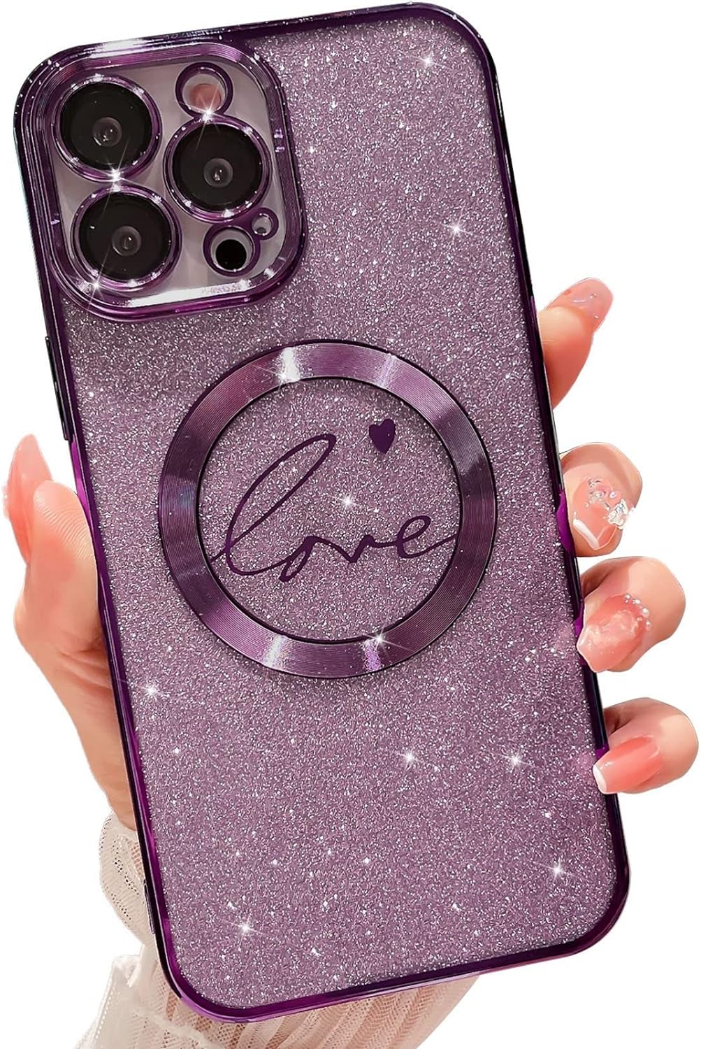 MGQILING Compatible with iPhone 14 Pro Max Magnetic Glitter Case-6.7 Inch, Luxury Love Heart Pattern Plating Clear Case, Compatible with MagSafe for Women Girls Shockproof Back Cover-Purple