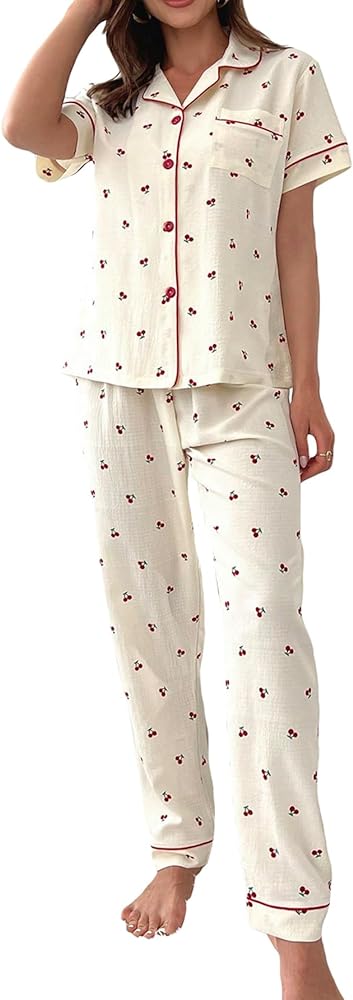 Verdusa Women's 2 Piece Printed Pajama Sets Sleepwear Button Up Shirt with Pants
