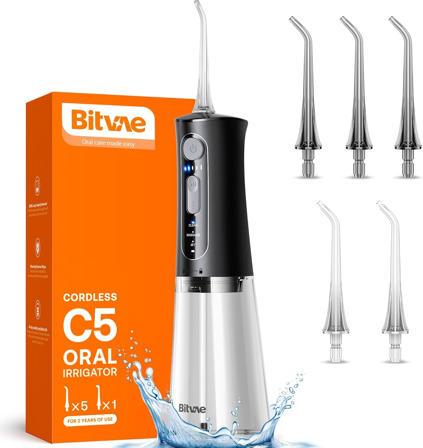 Bitvae C5 Water Dental Flosser for Teeth, Cordless Water Teeth Cleaner Picks, 3 Modes 5 Intensities, IPX7 Waterproof Water Flosser, 5 Tips Rechargeable Water Dental Picks for Cleaning - Black