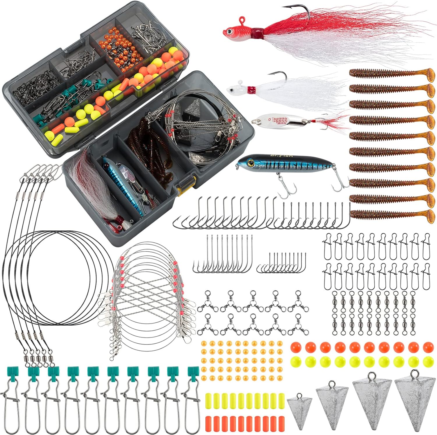 Dr.Fish 269 Pieces Surf Fishing Tackle Kit with Box, Saltwater Fishing Tackle Pompano Rigs Making Set Bucktail Jigs Saltwater Lures Walking Bait Pier Surf Casting Sea Tackle Kits Lead Pyramid Sinkers