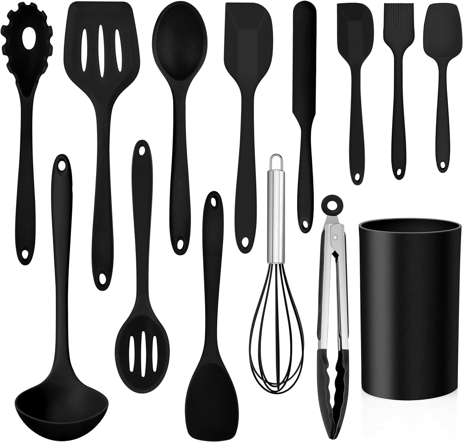 LIANYU 14 Pcs Cooking Utensils Set with Holder, Heat Resistant Silicone Kitchen Cookware Utensils Set, Kitchen Cooking Tools Includes Spatula Spoon Turner Whisk Tong, Dishwasher safe, Black