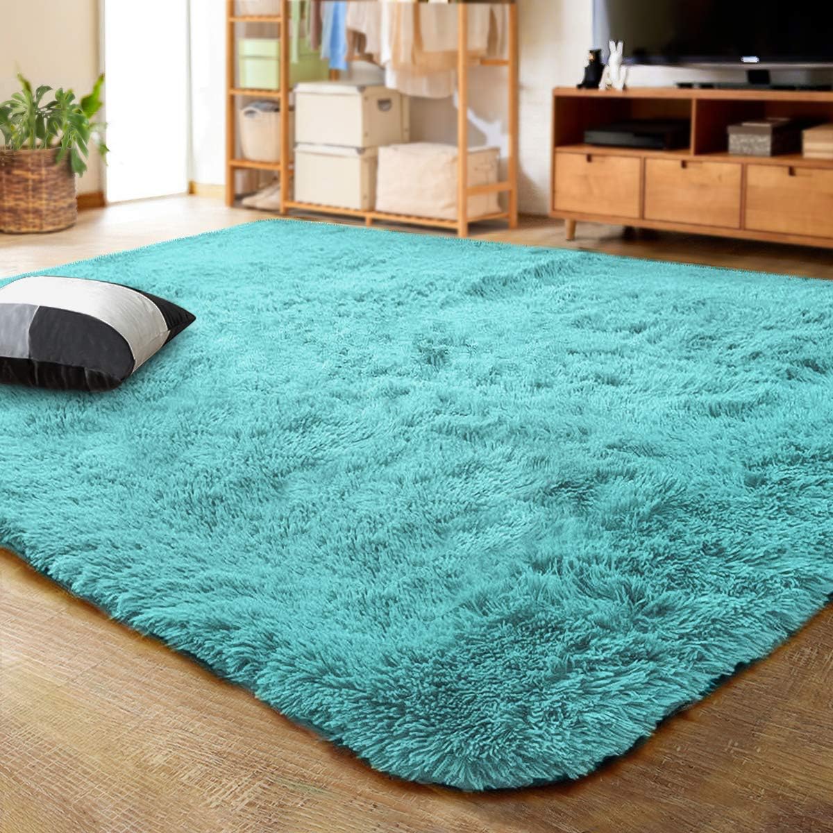 LOCHAS Ultra Soft Indoor Modern Area Rugs Fluffy Living Room Carpets for Children Bedroom Home Decor Nursery Rug 4x5.3 Feet, Teal Blue