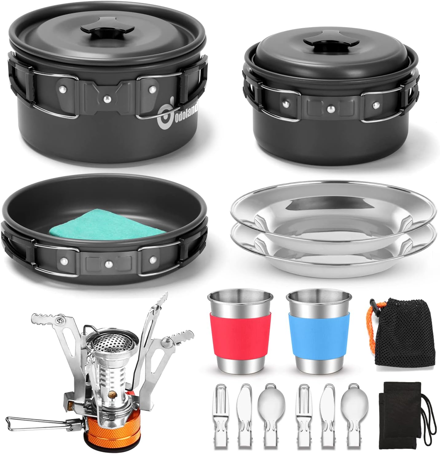 Odoland 16pcs Camping Cookware Mess Kit with Folding Camping Stove, Non-Stick Lightweight Pots Pan Set with Stainless Steel Cups Plates Forks Knives Spoons for Camping, Backpacking, Outdoor Cooking