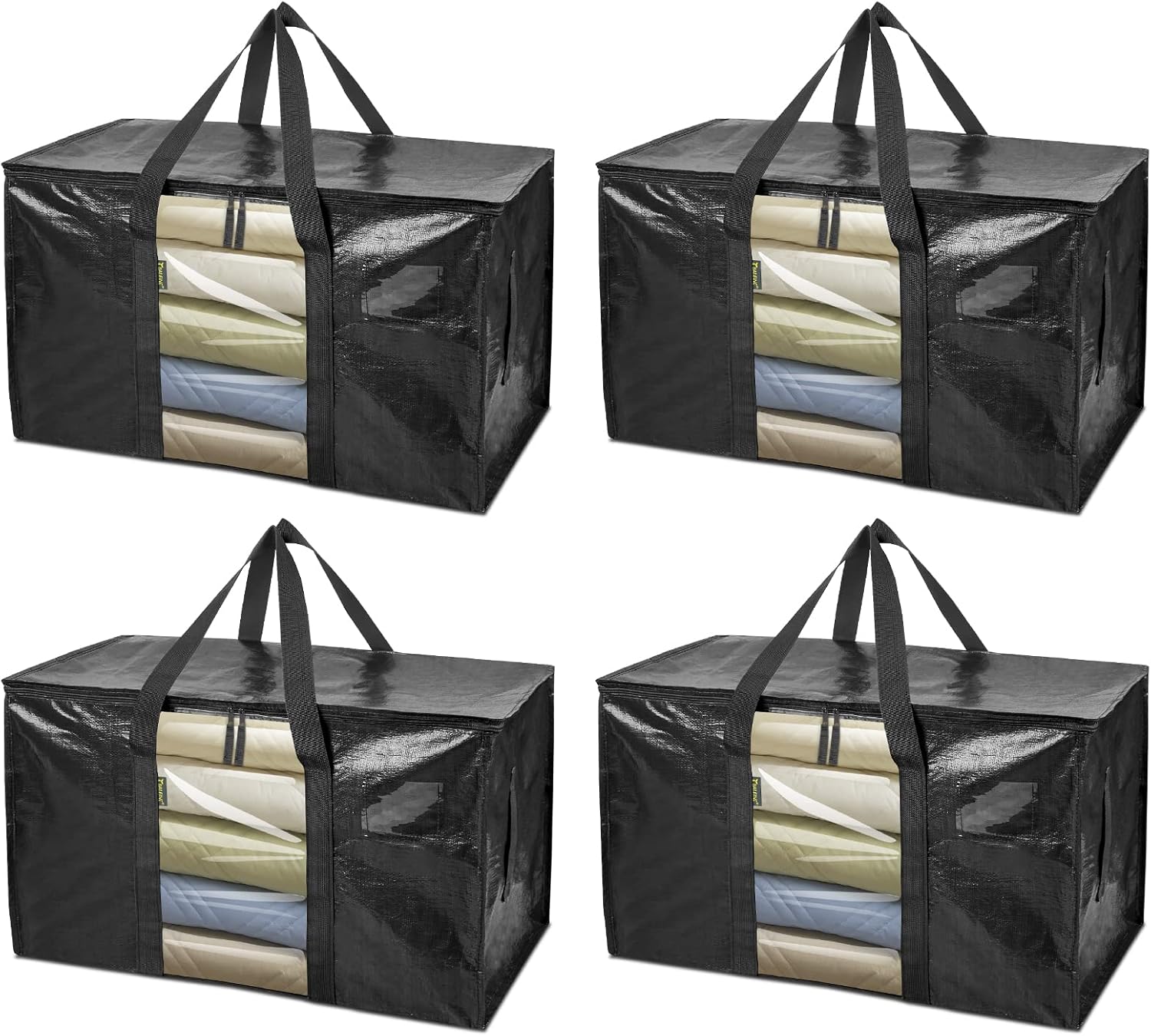 BALEINE 4-Pack Oversized Moving Bags with Reinforced Handles, Heavy-Duty Storage Tote Moving Supplies for Packaging, Camping (Black w/Window, 4-Pack)