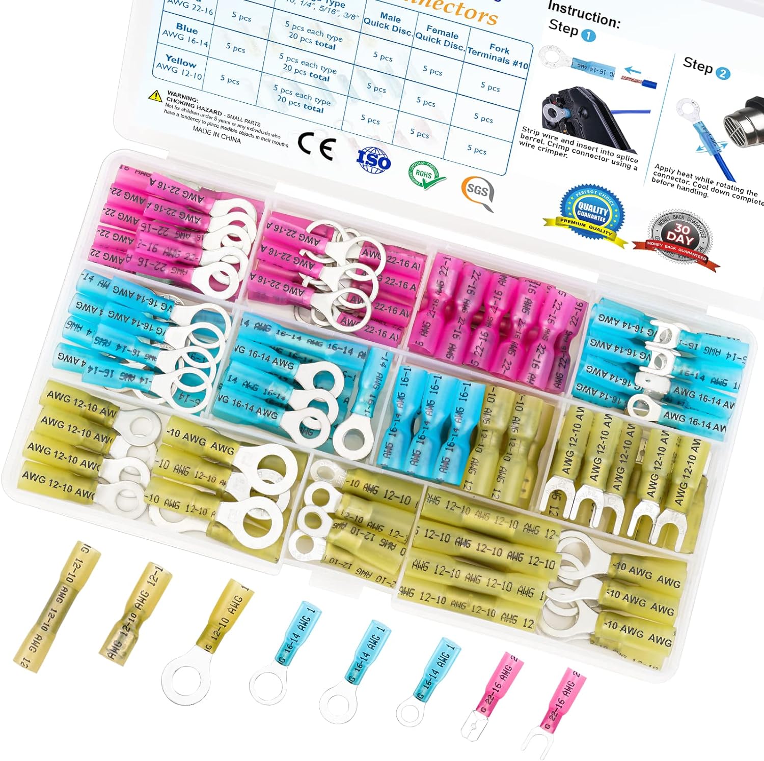 TICONN 120Pcs Heat Shrink Wire Connectors, Waterproof Automotive Marine Electrical Terminals Kit, Crimp Connector Assortment, Ring Fork Spade Splices