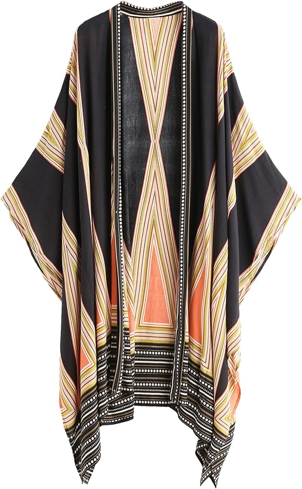 Love this kimono! I bought two in different patterns and sizes. I got the black tie-dye in a Small but found it was a little bit too short for my taste. I also got this gold and black striped pattern in a Medium and it fits like a dream! It it slightly longer and hangs better. For reference I am 51 and 155 lbs. its so cute over a bathing suit and also looks adorable over a maxi dress or leggings! Must buy! I have washed and dried it and it held up well but does wrinkle a tad. I get tons of compliments on this!