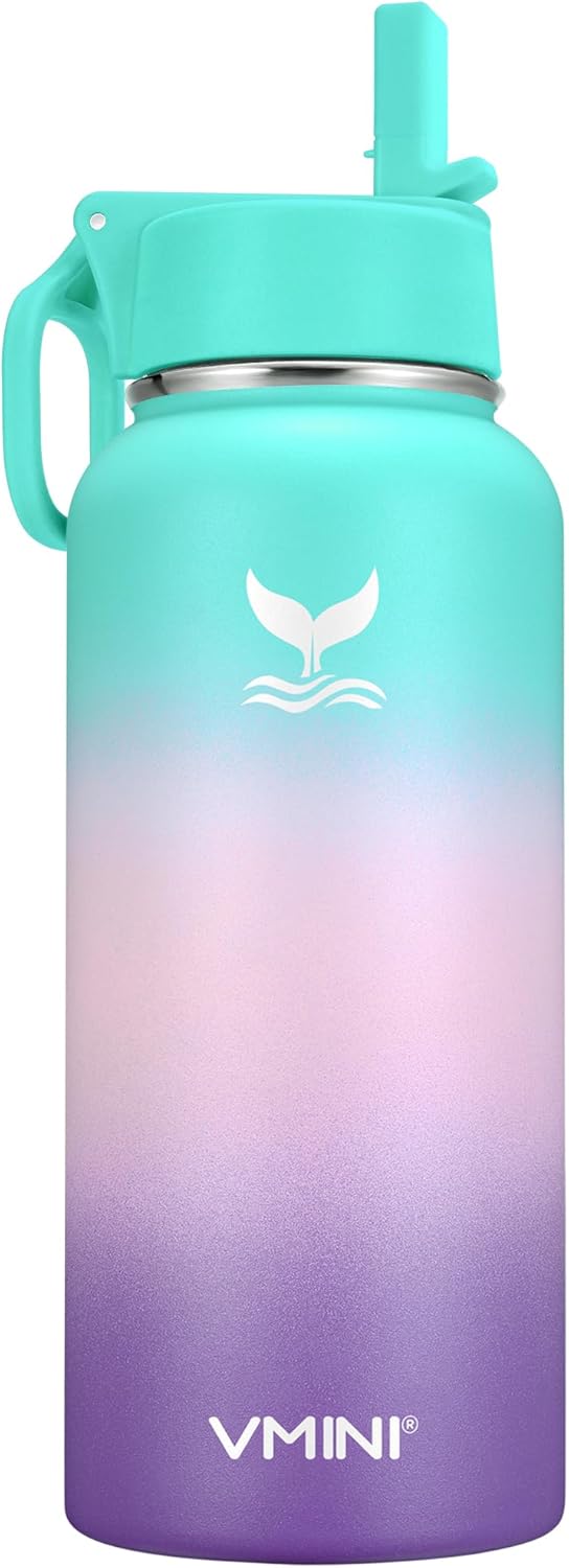 Vmini Water Bottle with New Wide Handle Straw Lid, Wide Mouth Vacuum Insulated 18/8 Stainless Steel, 32 oz, Gradient Mint + Pink + Purple Bottle & Mint Lid