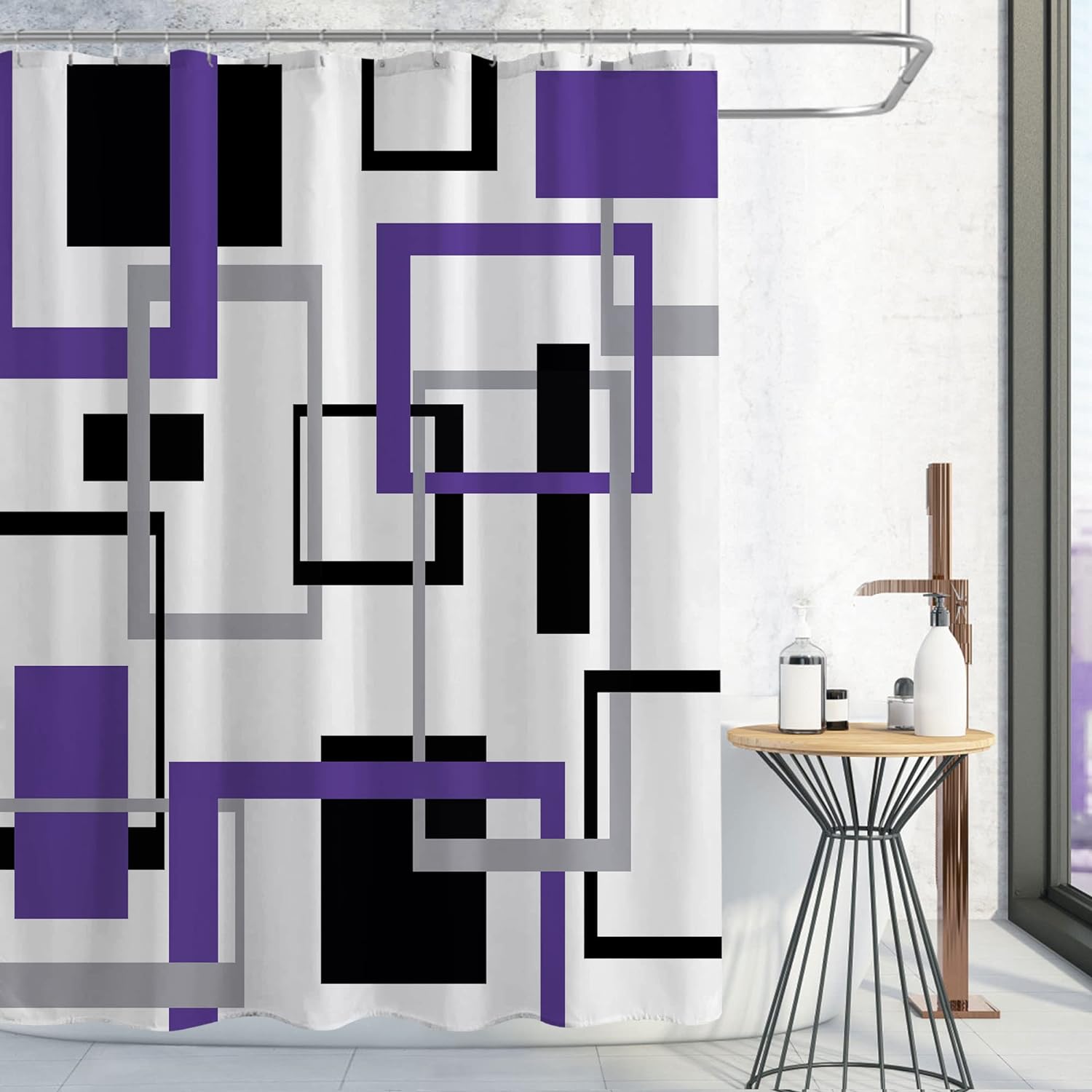 Gibelle Purple Shower Curtain, Mid Century Modern Geometric Shower Curtain for Bathroom Decor, Abstract Lavender Black Grey Square White Backdrop Washable Fabric Shower Curtain Set with Hooks, 72 x 72