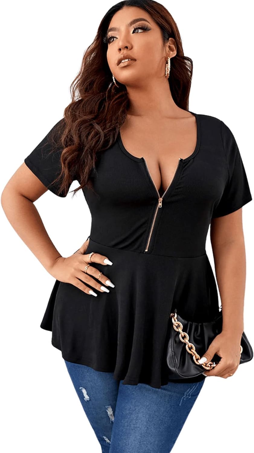 SOLY HUX Plus Size Women Sexy Half Zip Up Low Cut Short Sleeve Ruffle Babydoll Peplum Tops