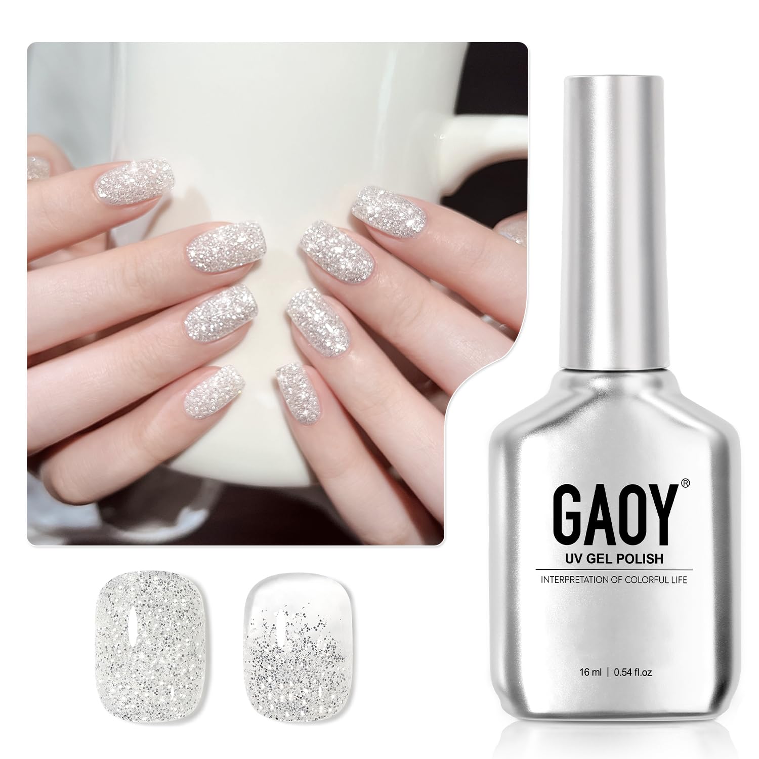 GAOY Glitter Gel Nail Polish, 16ml Milky White Silver Sparkly Gel Polish, Diamond Shiny UV Gel for Nail Art, Soak Off Nail Polish Home DIY, 2350 Ethereal Shine