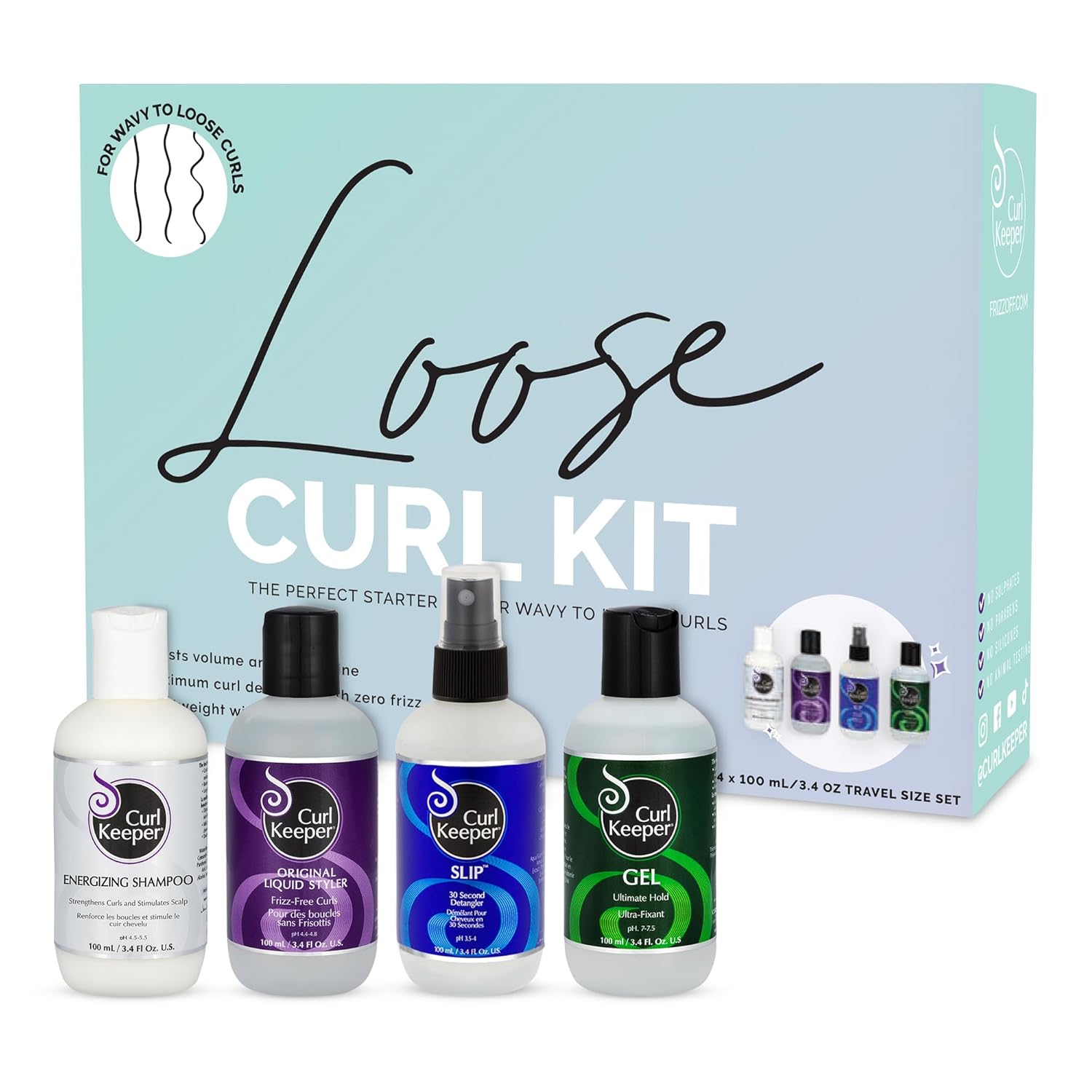 Curl Keeper Loose Curl Starter Kit for Wavy Hair - Travel Size Set Includes Original Liquid Styler, Energizing Shampoo, Slip Detangler Spray & Hold Gel - Maximum Curl Definition with Zero Frizz