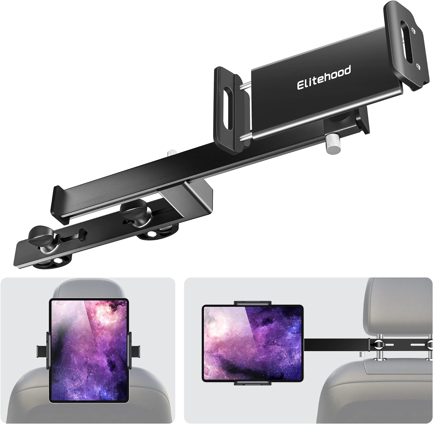 elitehood Car Headrest Tablet Holder, Heavy Duty Aluminum Extension Arm Adjustable iPad Holder Mount for Back Seat, Road Trip Essentials for Kids, Fit All 4.7-13" Tablet, iPad Pro, Air, Mini, Galaxy