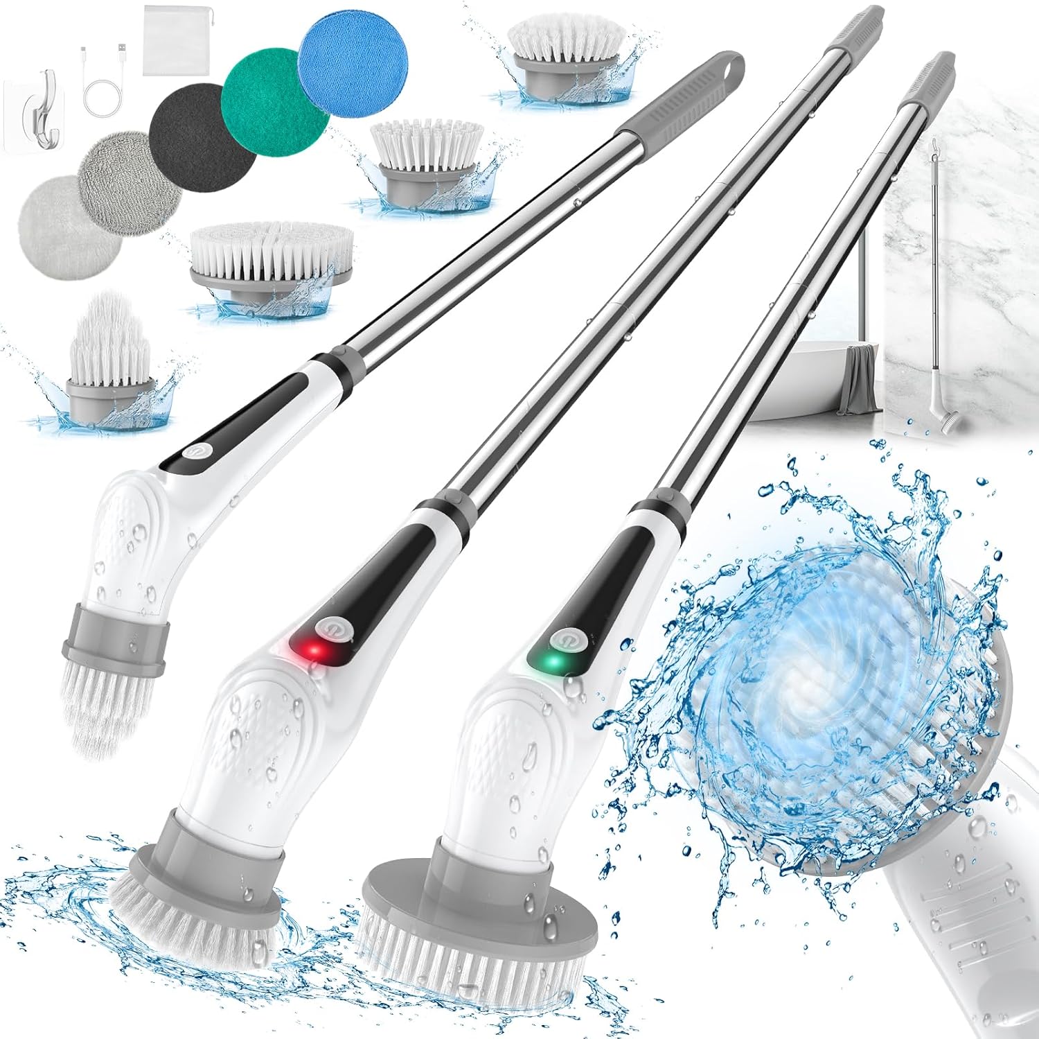 Veken Electric Spin Scrubber, Shower Scrubber with Long Handle and 9 Replaceable Brush Heads, IPX8 Cordless Power Scrubber & 2 Speeds, Electric Cleaning Brush for Bathroom, Tub, Tile, Floor, Glass