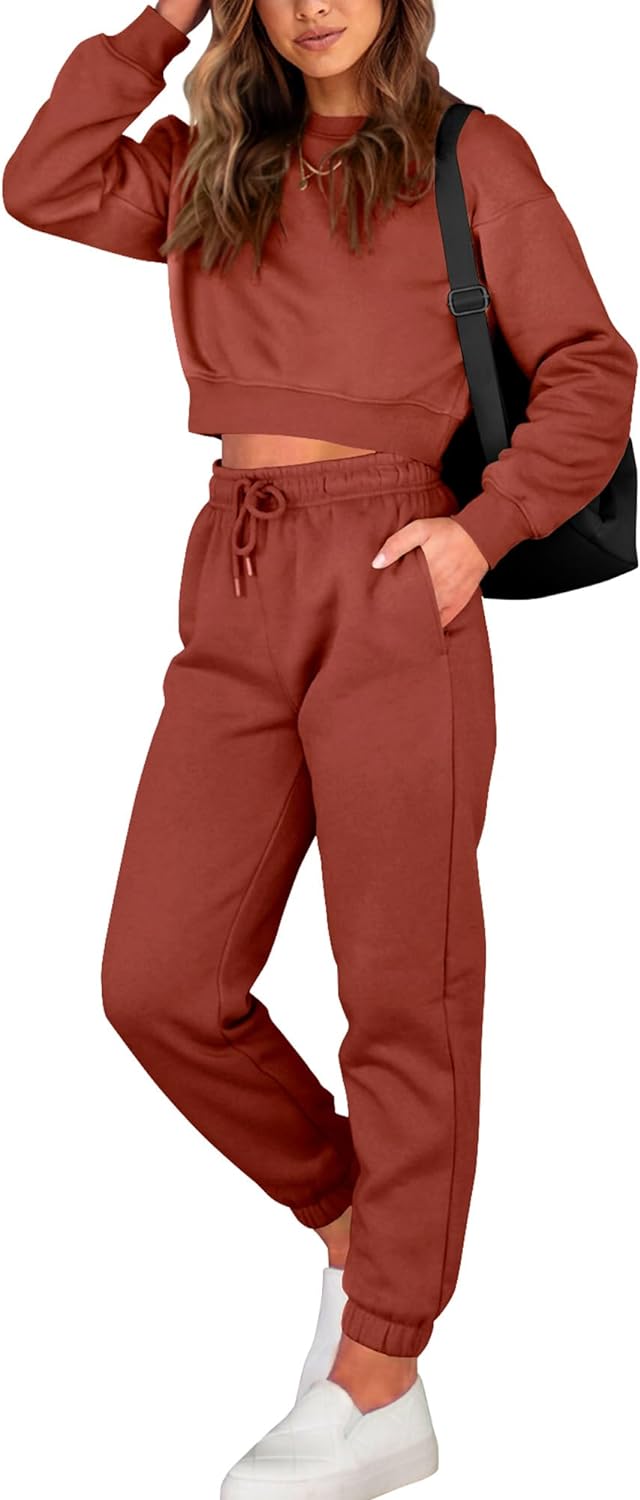 BTFBM Women 2 Piece Outfits Long Sleeve Crop Top Pullover Drawstring Pant Jogger Set Casual Sweatsuits Tracksuit Pockets