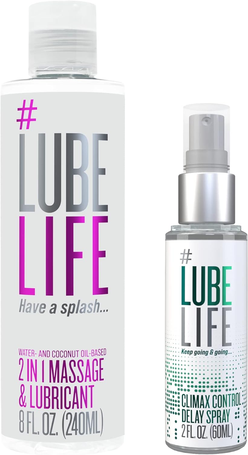 Lube Life Slow and Slippery Set, 2-in-1 Massage & Lubricant 8 Fl Oz, Climax Control Delay Spray 2 Fl Oz, Water & Coconut Oil Based Lube, Stamina-Enhancing, for Men and Couples