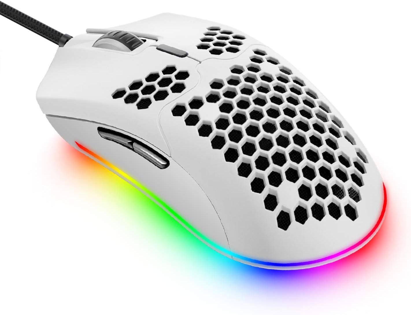 Lightweight Wired Gaming Mouse with 7 Button 26RGB Backlit Programmable Driver PAW3325 12000 DPI Optical Sensor Ultralight Ergonomic 65G Honeycomb Shell Ultraweave Cable for PC Xbox PS4 Gamer(White)