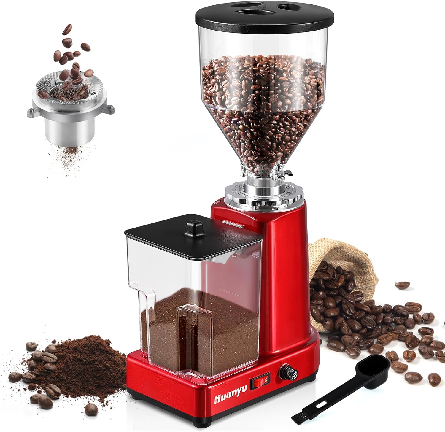 Huanyu Flat Burr Coffee Grinder with 19 Grinding Settings Electric Coffee Bean Grinder Adjustable Bulk Coffee Grinder Large Capacity 35oz Red