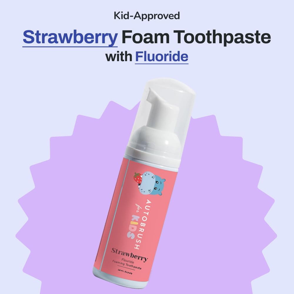 AutoBrush Kids Fluoride Foaming Toothpaste Strawberry Flavor for Electric or U-Shaped Toothbrush, SLS-Free, Training Toothpaste, Anti-Cavity, Travel Friendly (3 Pack)