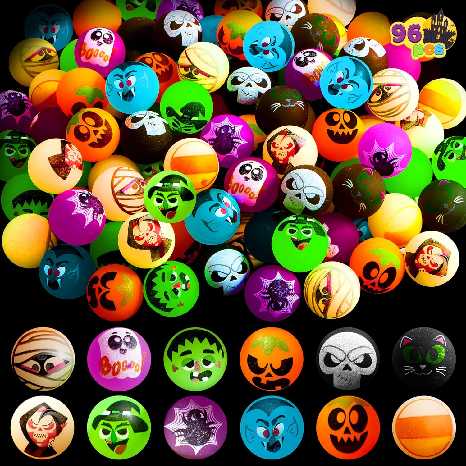 JOYIN 96 PCS Halloween Bouncing Balls for Kids, 12 Halloween Theme Designs Glow in The Dark Bouncing Balls for Halloween Party and Supplies, Goodie Bag Fillers, Halloween Trick Treat Toys and Game