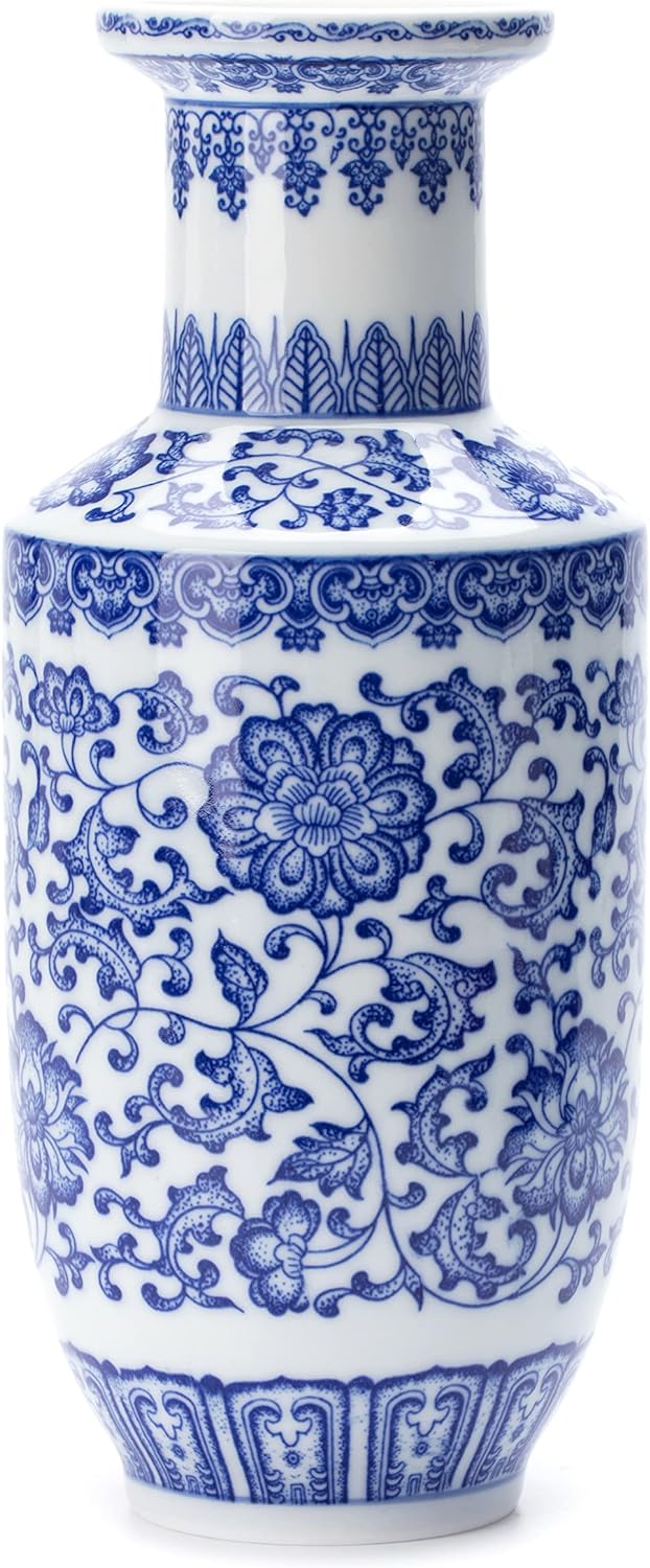 Blue and White Vase, Blue Vases Home D��cor, Chinoiserie Vase, Blue and White Porcelain, Ceramic Vase for Home, Living Room, Bookshelf, Mantle Fireplace,Table Centerpieces,10 inches