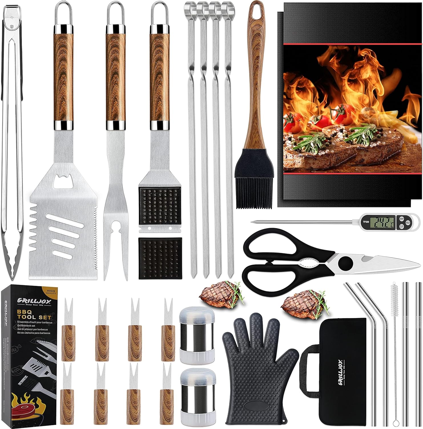 Grilljoy 31PC BBQ Grill Accessories Set, Heavy Duty BBQ Tools Set for Men & Women Gift, Grill Utensils kit with Scissors, Grilling Accessories with Storage Bag for Smoker, Camping Barbecue