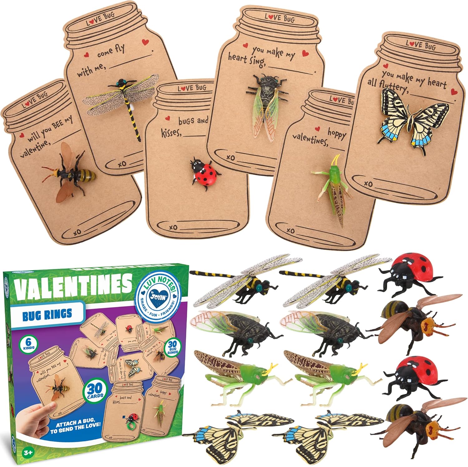 JOYIN 30 Pcs Valentines Day Gift Cards Realistic Bug Toy Set for Kids Valentine's Classroom Exchange Party Favor Toys, Valentine Gift Exchange