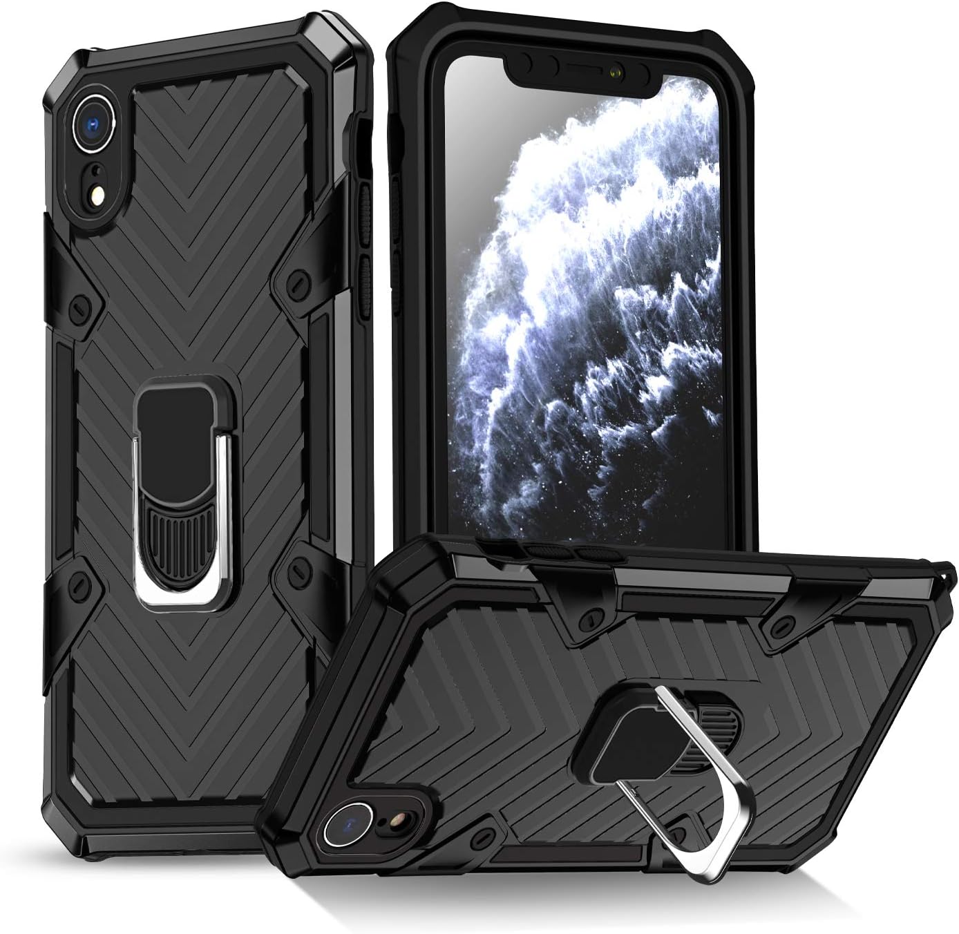 EYZUTAK Case for iPhone XR, Military Grade Protective Phone Case with Magnetic Car Mount 360 Degree Rotation Metal Finger Ring Holder Magnet Car Holder Shockproof Case - Black