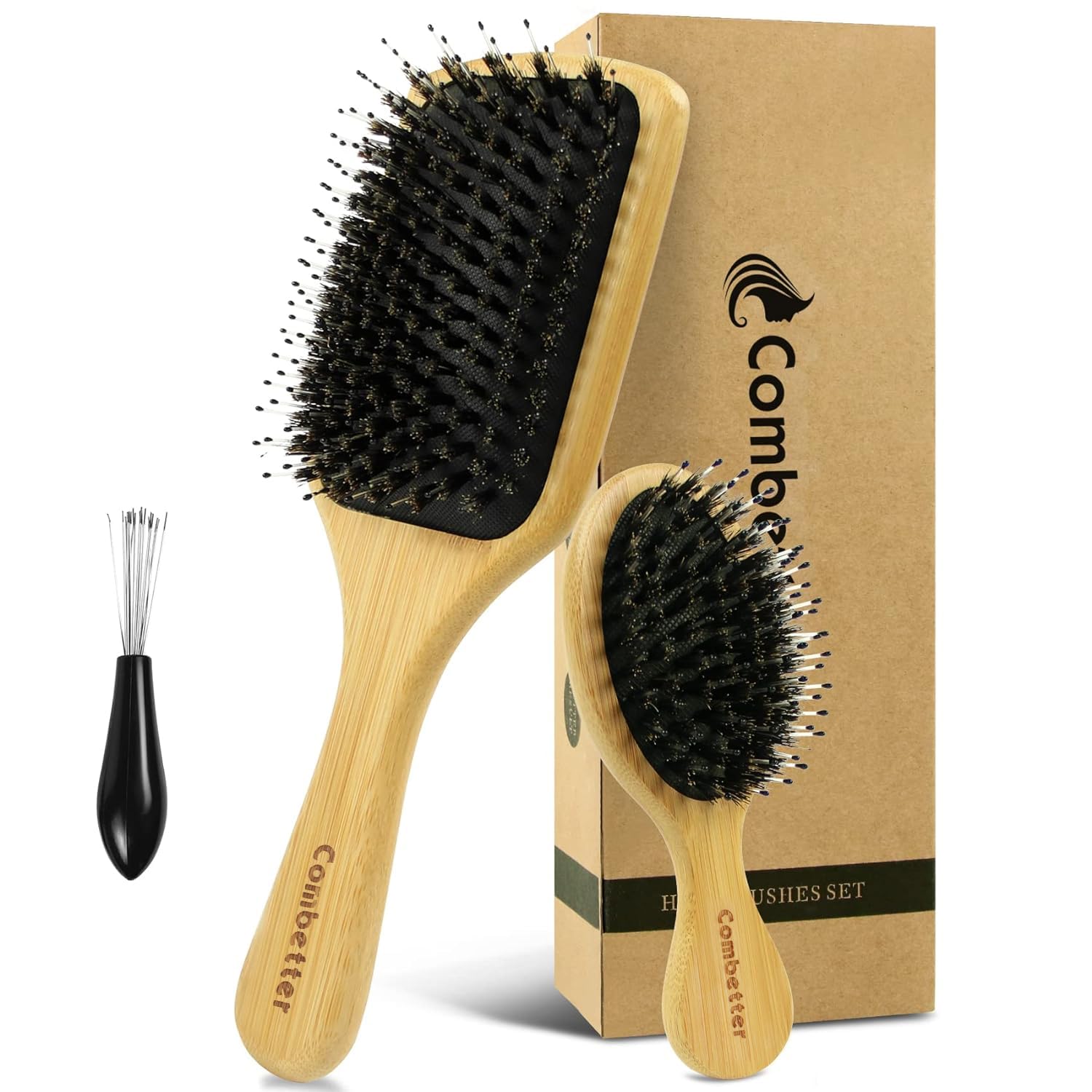 2Pcs Boar Bristle Hair Brush Set by Combetter, Natural Bamboo wooden Travel brushes Detangler Shine Smoothing Hair, for Women Men Kids, with Gift Box