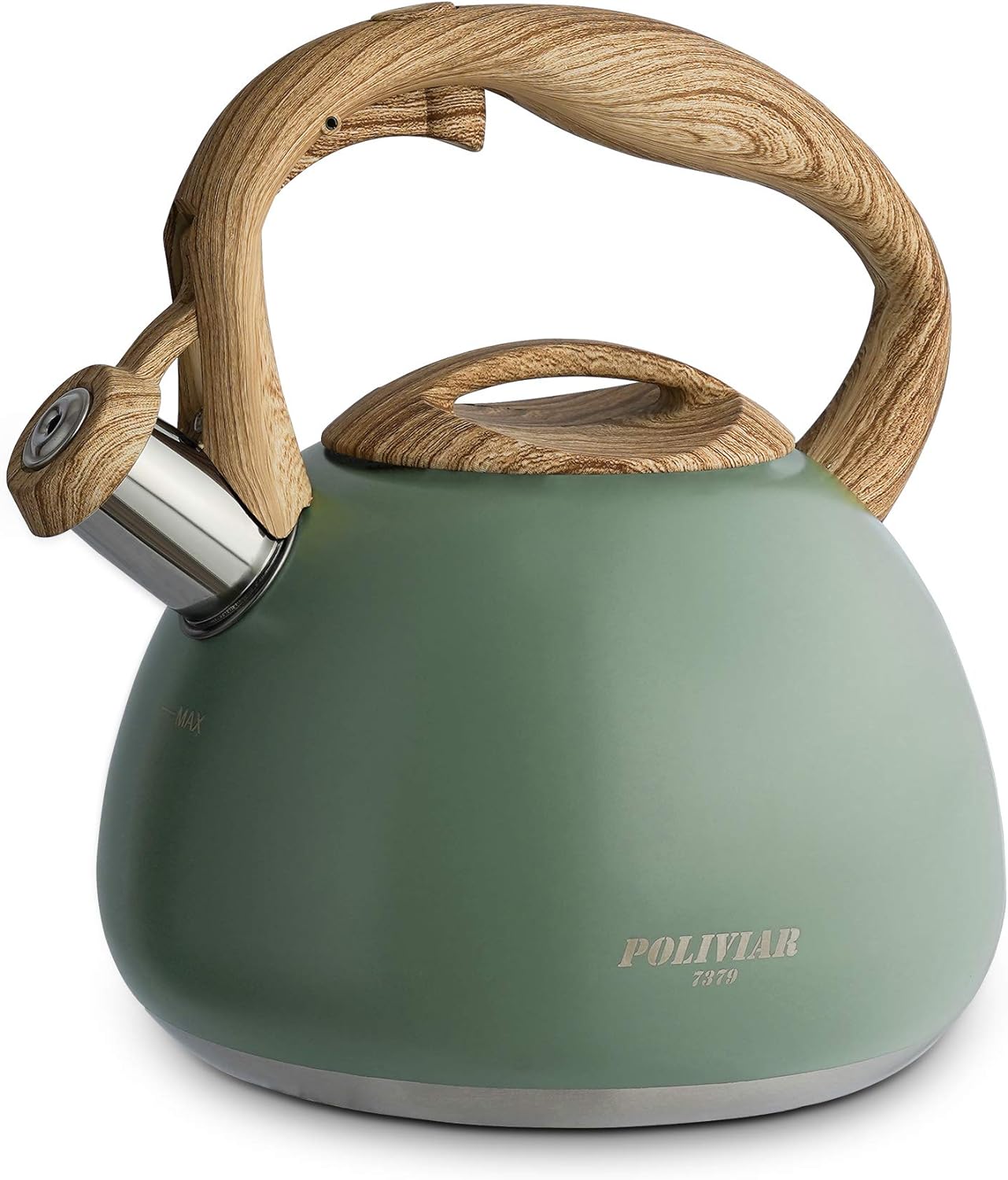 Poliviar Tea Kettle, 2.7 Quart Seaweed Green Finish with Wood Pattern Handle Loud Whistle Food Grade Stainless Steel Teapot, Anti-Hot Handle and Anti-Rust, Suitable for All Heat Sources (JX2020-SB30)