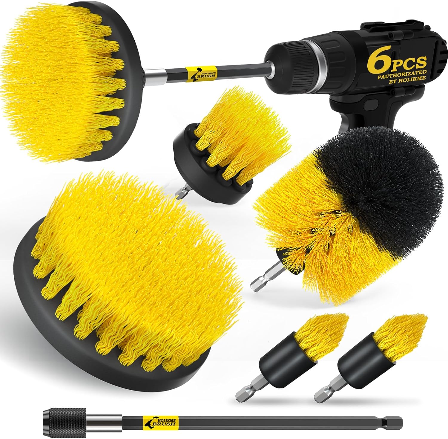 Holikme 6Pack Drill Brush Power Scrubber Cleaning Brush Extended Long Attachment Set All Purpose Scrub Brushes Kit for Grout, Floor, Tub, Shower, Tile, Bathroom and Kitchen SurfaceYellow