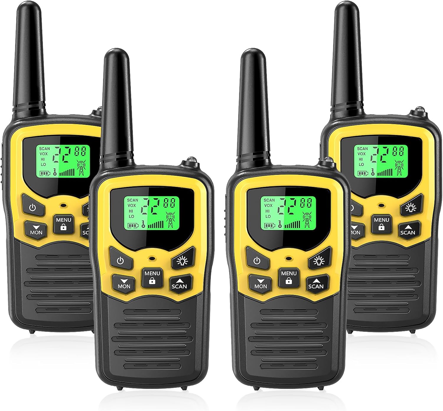 Walkie Talkies with 22 FRS Channels, MOICO Walkie Talkies for Adults with LED Flashlight VOX Scan LCD Display, Long Range Family Walkie Talkie for Hiking Camping Trip (Yellow, 4 Pack)