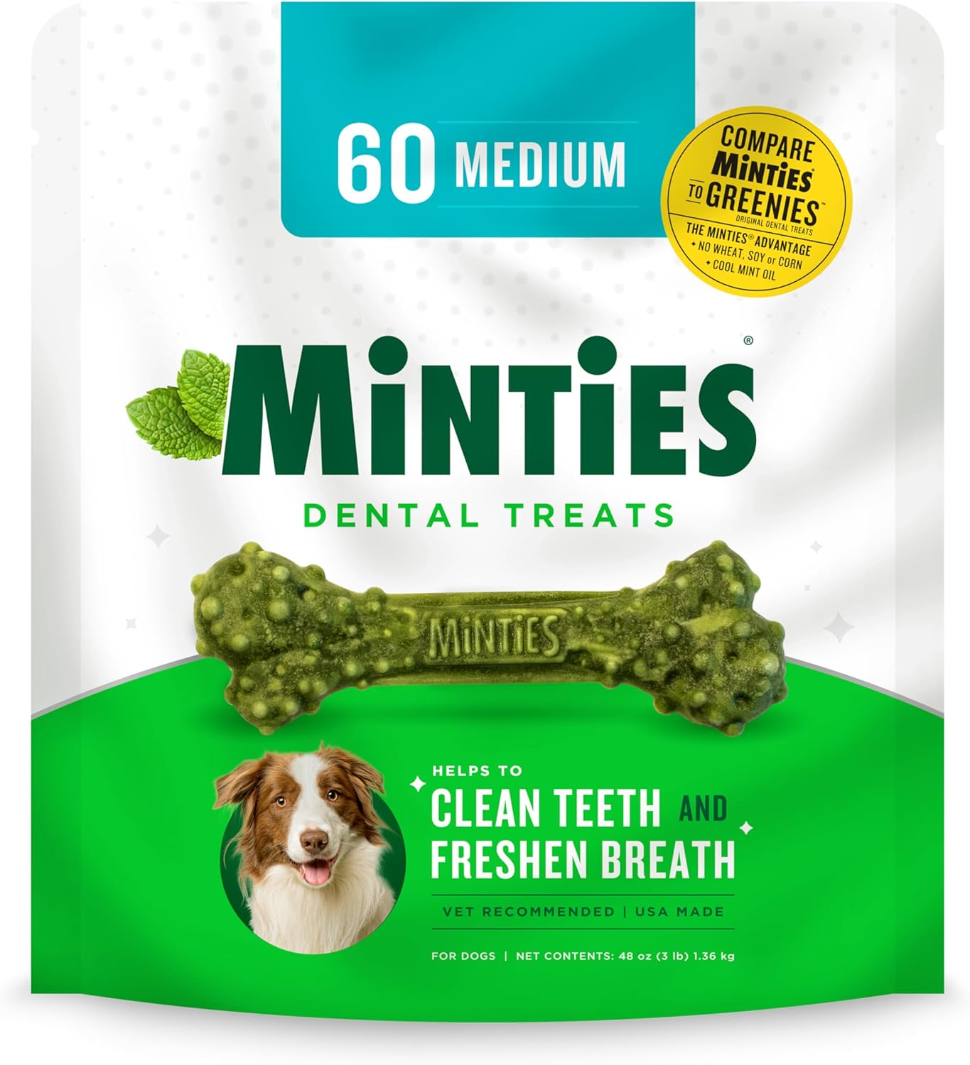 Minties Dental Chews for Dogs, 60 Count, Vet-Recommended Mint-Flavored Dental Treats for Medium Dogs 25-50 lbs, Dental Bones Clean Teeth, Fight Bad Breath, and Removes Plaque and Tartar