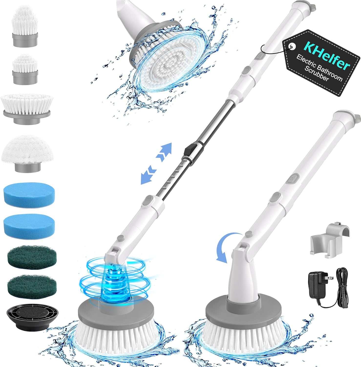 kHelfer Electric Spin Scrubber Kh8, 2024 Upgrade Cordless Shower Scrubber 8 Replacement Head, 1.5H Bathroom Scrubber Dual Speed, Shower Cleaning Brush with Extension Arm for Bathtub Tile Floor