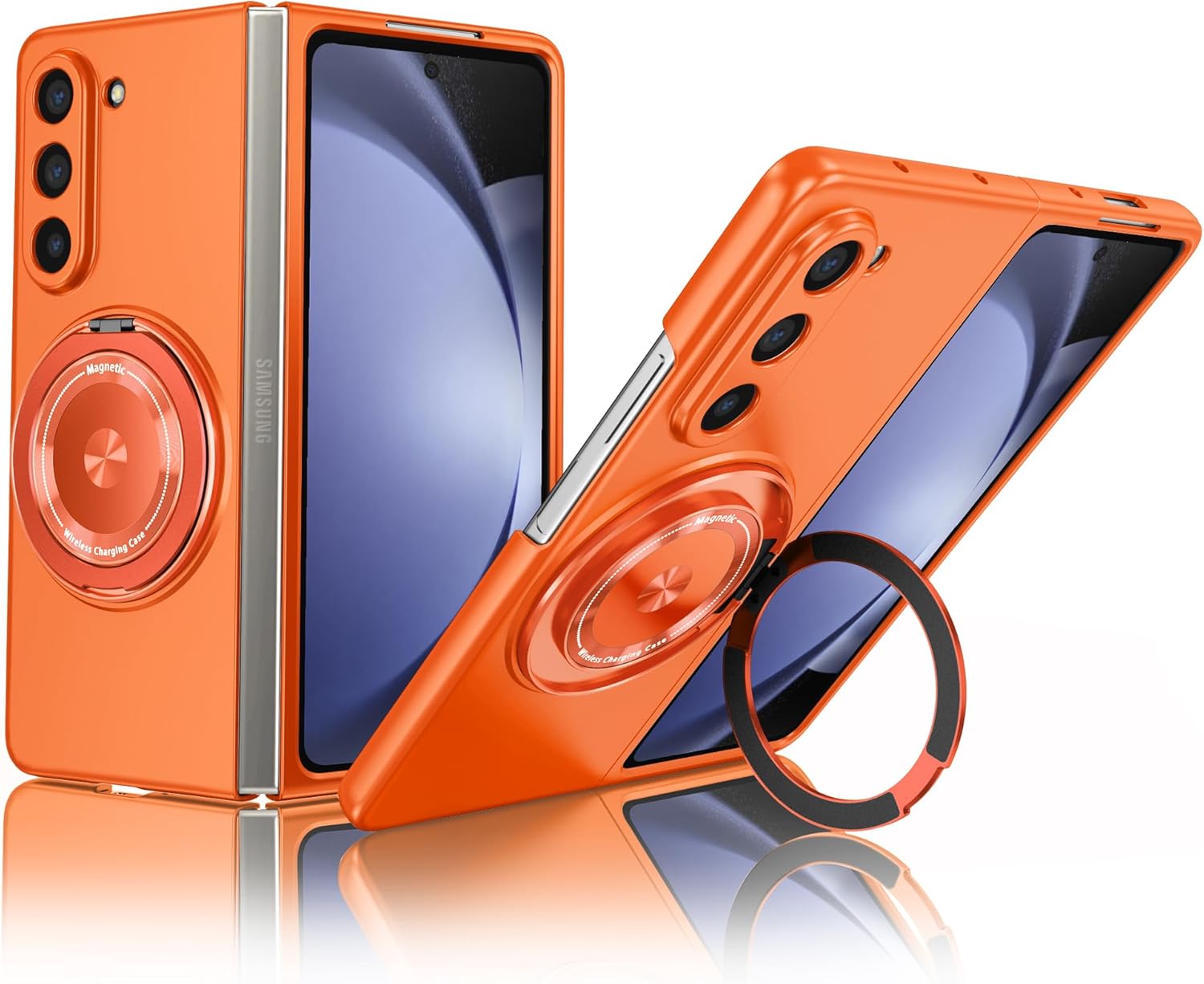 for Samsung Galaxy Z Fold 5 Case with 360 Rotatable Magnetic Ring Stand, Compatible with Mag-safe, Slim Thin Matte PC Shockproof Protective Phone Case for Women Men, Orange