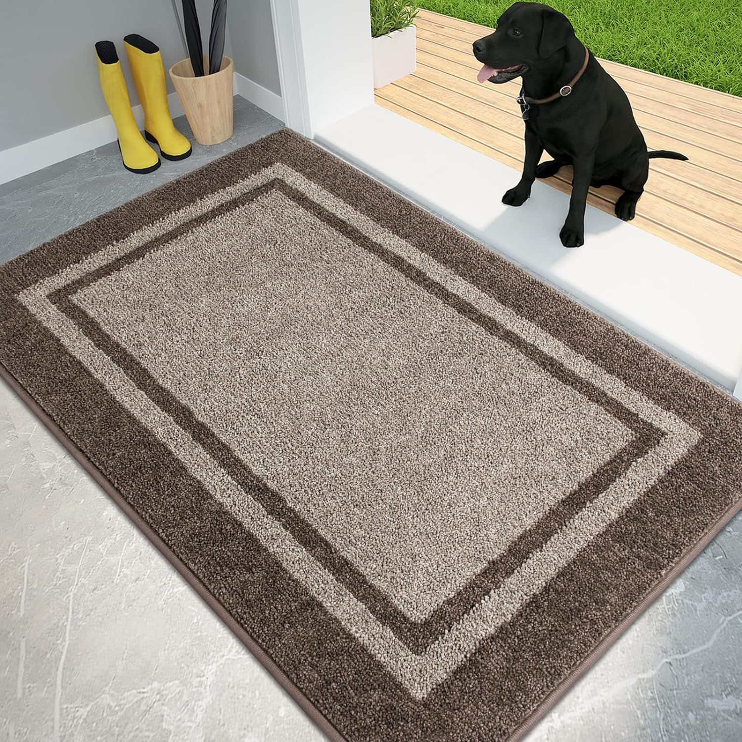 PURRUGS Dirt Trapper Door Mat 34" x 60", Non-Slip/Skid Machine Washable Entryway Rug, Shoes Scraper, Area Rug, Super Absorbent Welcome Mat for Muddy Wet Shoes and Paws, Beige & Grayish Brown